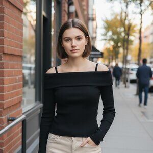 Art Class Junior Girls Black Off-The-Shoulder Stretchy Long Sleeve Ribbed Top